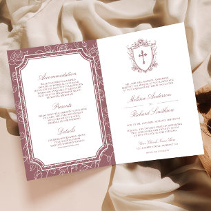 Victorian Dusty Rose Catholic QR Code Wedding Invitation