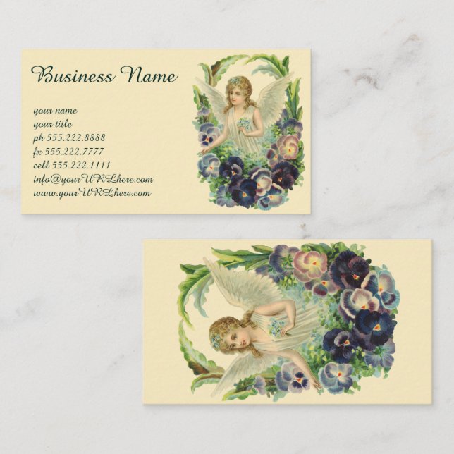 Victorian Easter Angel with Purple Pansy Flowers Business Card (Front/Back)