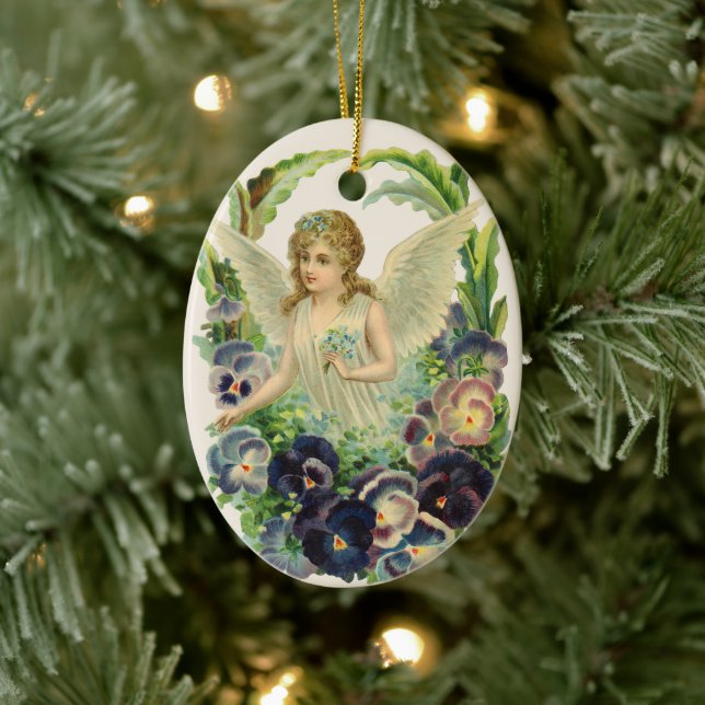 Victorian Easter Angel with Purple Pansy Flowers Ceramic Ornament (Tree)
