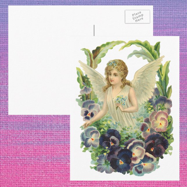Victorian Easter Angel with Purple Pansy Flowers Holiday Postcard (Creator Uploaded)