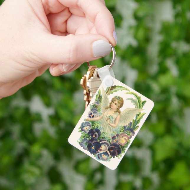 Victorian Easter Angel with Purple Pansy Flowers Keychain (Hand)