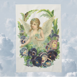 Victorian Easter Angel with Purple Pansy Flowers Kitchen Towel