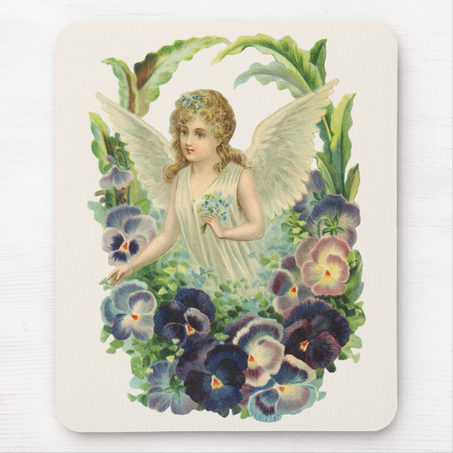 Victorian Easter Angel with Purple Pansy Flowers Mouse Pad (Front)