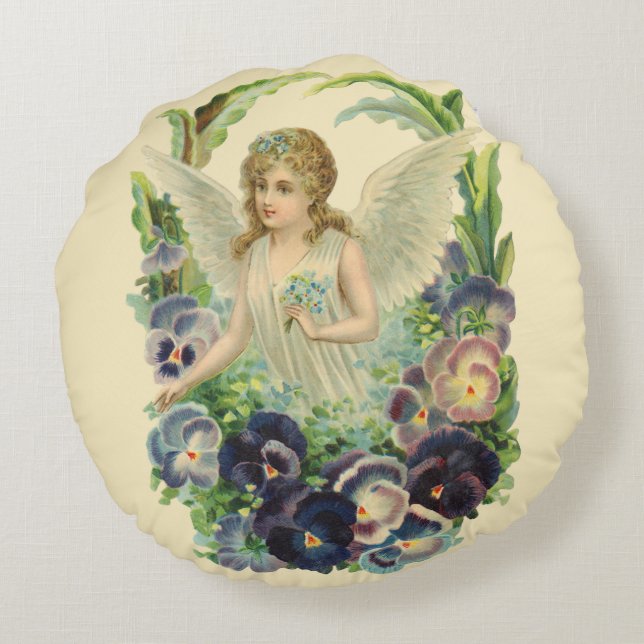 Victorian Easter Angel with Purple Pansy Flowers Round Pillow (Back)