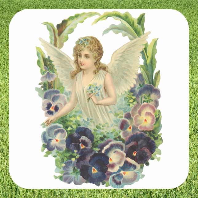 Victorian Easter Angel with Purple Pansy Flowers Square Sticker (Creator Uploaded)