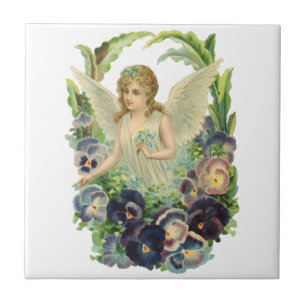Victorian Easter Angel with Purple Pansy Flowers Tile