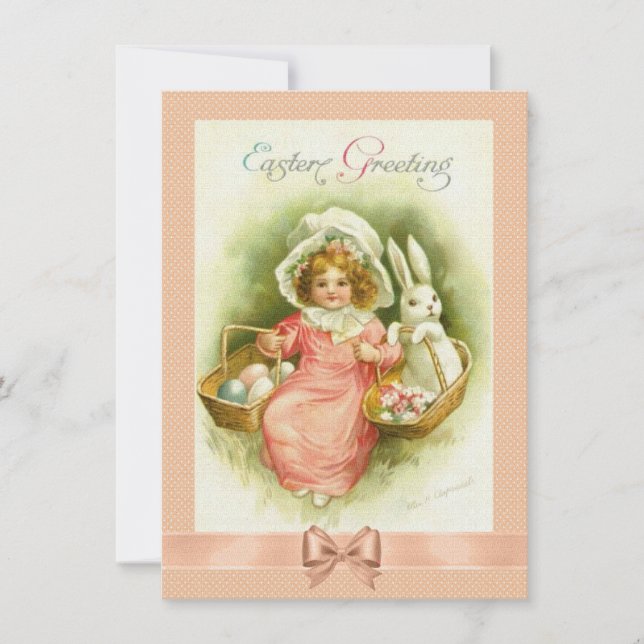 Victorian Easter Card Girl Baskets of Eggs & Bunny (Front)