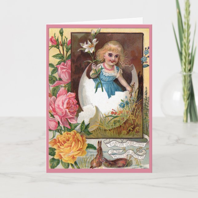 Victorian Easter Card - Girl in Egg (Front)