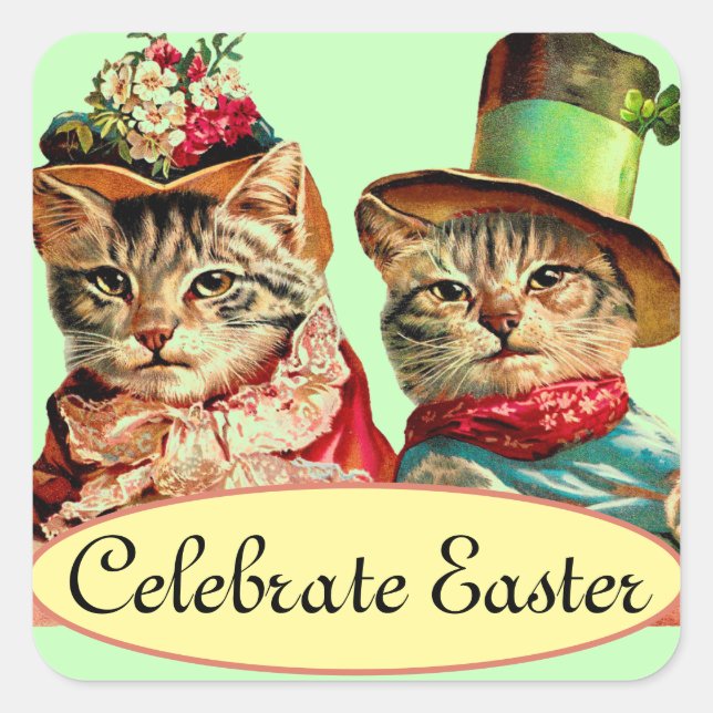 Victorian Easter Cats in Hats Square Sticker (Front)