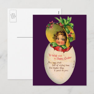 Victorian Easter, Vintage Girl with Bonnet in Egg Holiday Postcard