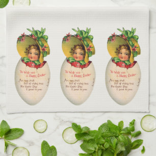 Victorian Easter, Vintage Girl with Bonnet in Egg Kitchen Towel