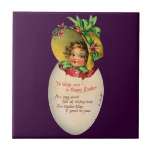 Victorian Easter, Vintage Girl with Bonnet in Egg Tile