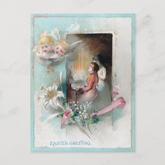 Victorian Easter with Woman at Piano and Cherubs Holiday Postcard (Front)