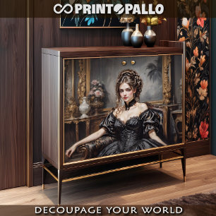 Victorian elegant woman in black dress on a sofa tissue paper