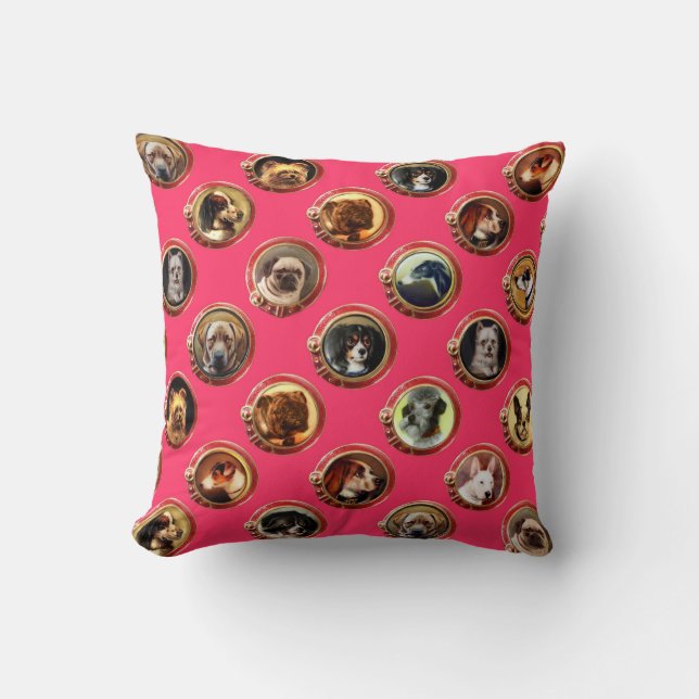 VICTORIAN ENAMELS /MINIATURE DOG PORTRAITS Pink Throw Pillow (Front)