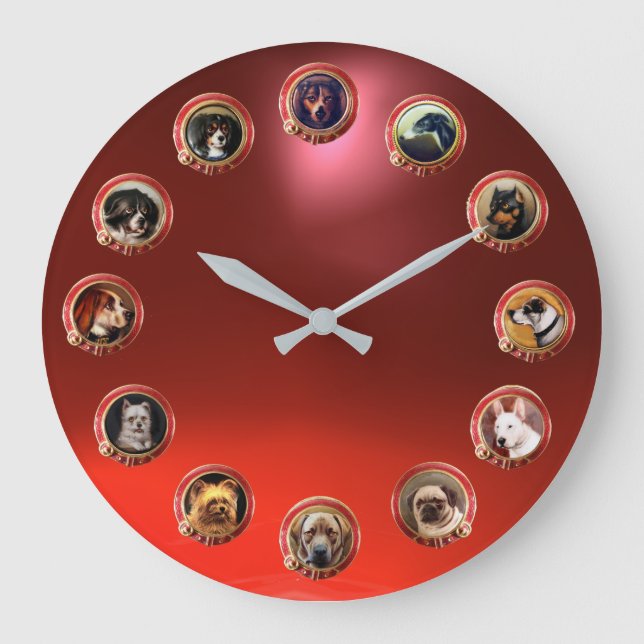 VICTORIAN ENAMELS /MINIATURE DOG PORTRAITS, Red Large Clock (Front)