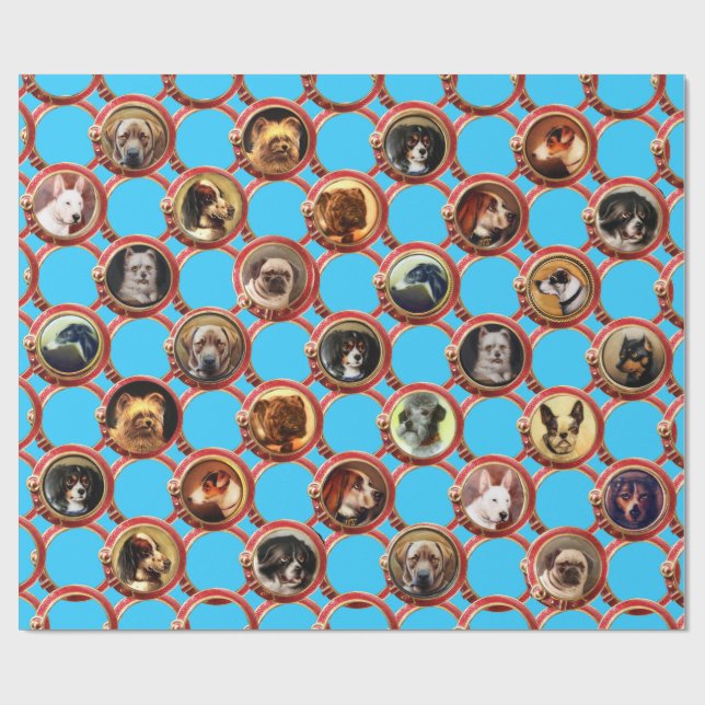 VICTORIAN ENAMELS MINIATURE DOG PORTRAITS Sky Blue Wrapping Paper (Flat)