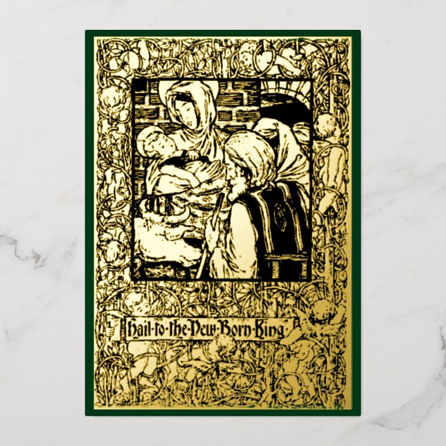 Victorian Era 1898 Art Nouveau Christmas Nativity Foil Holiday Card (Front)