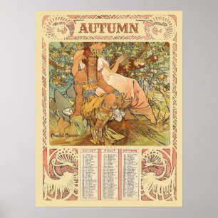 Victorian Era Art Nouveau Autumn Calendar by Mucha Poster