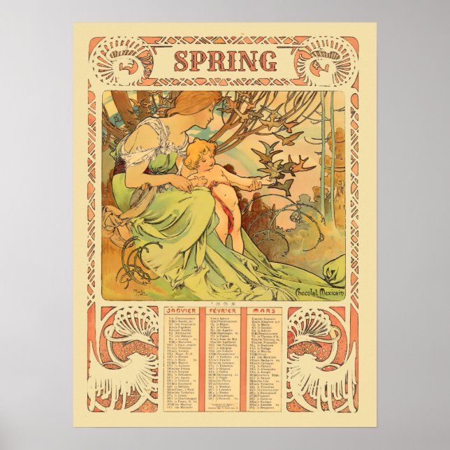 Victorian Era Art Nouveau Spring Calendar by Mucha Poster (Front)