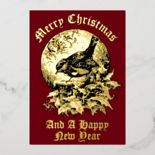 Victorian Era Bird, Holly, & Mistletoe Christmas Foil Holiday Card