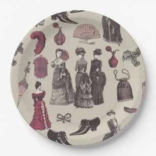 victorian era fashion women toile beige paper plate