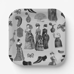 victorian era fashion women toile black white paper plate