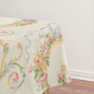 Victorian Era Floral Medallion & Blue Ribbon Tablecloth