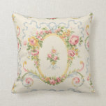 Victorian Era Floral Medallion & Blue Ribbon Throw Pillow<br><div class="desc">This is a digitally enhanced print pattern derived from an antique Victorian era panel outlined in stripes of two shades of blue and in architectural moulding and beading in shades of yellow on white ground. In centre: vertical bands of pink roses and blue ribbons with geometric motifs in beige between....</div>