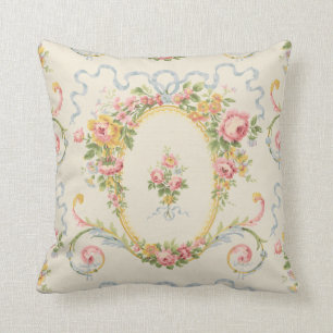 Victorian Era Floral Medallion & Blue Ribbon Throw Pillow