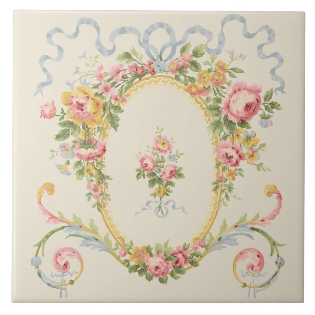 Victorian Era Floral Medallion & Blue Ribbon Tile (Front)