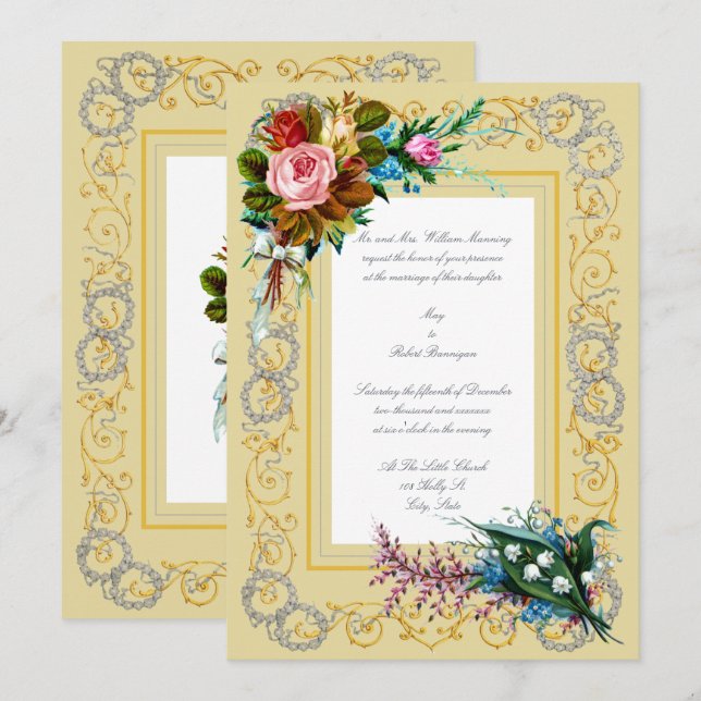 Victorian Era Floral Wreaths & Bouquets Wedding Invitation (Front/Back)