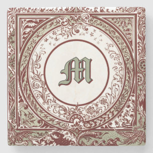 Victorian Era Foliage Border Monogram Stone Coaster
