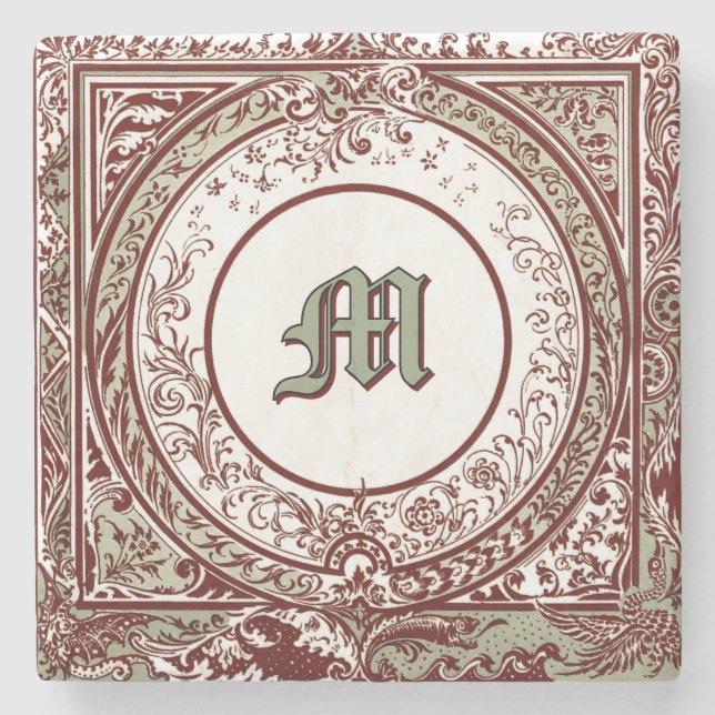 Victorian Era Foliage Border Monogram Stone Coaster (Front)