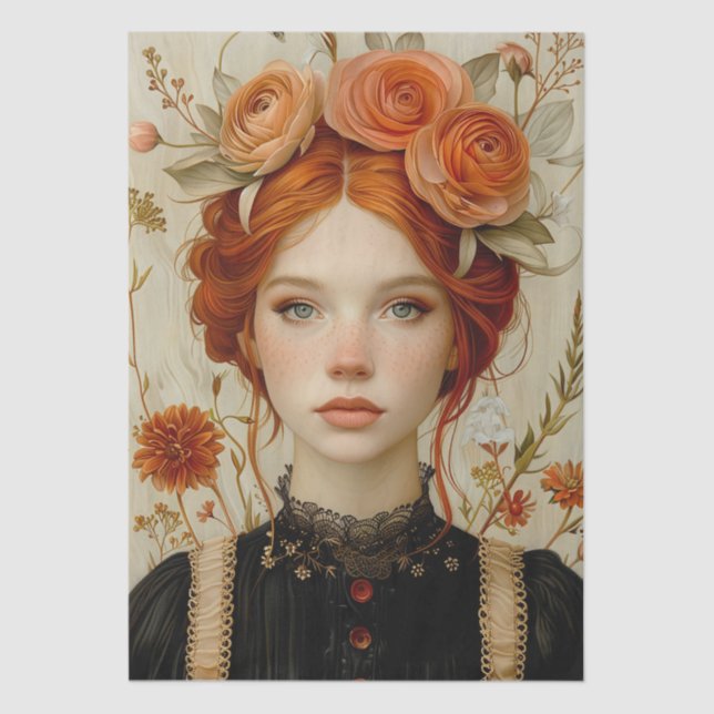 Victorian Era Lady Floral Headdress Decoupage Tissue Paper (Front)