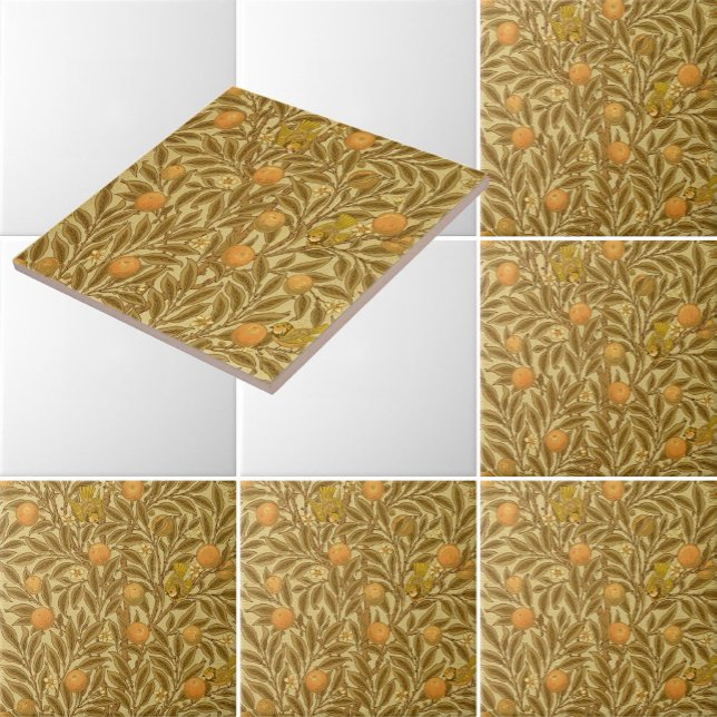 Victorian Era Orange Fruit Blossoms Birds Pattern Tile (Creator Uploaded)