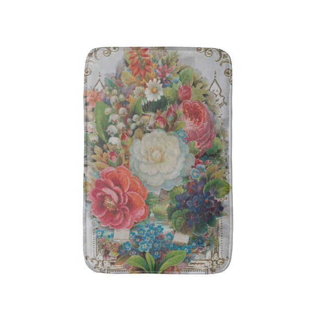 Victorian Era Valentine's Card, Floral Bouquet Bath Mat (Front Vertical)