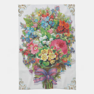 Victorian Era Valentine's Card, Floral Bouquet Kitchen Towel