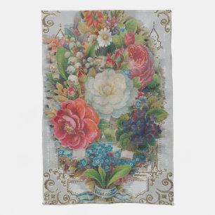 Victorian Era Valentine's Card, Floral Bouquet Kitchen Towel