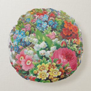 Victorian Era Valentine's Card, Floral Bouquet Round Pillow