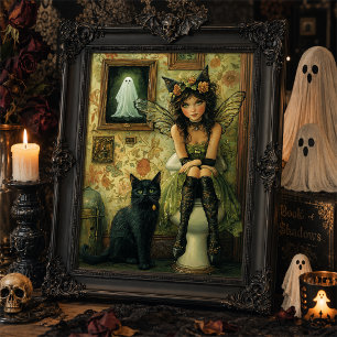 Victorian Fairy and Black Cat Halloween Wall Art
