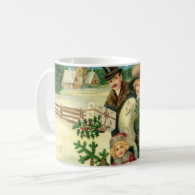 Victorian family in the snow Christmas scene Coffee Mug (Front Left)