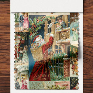 Victorian Father Christmas with Children Collage Fabric