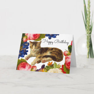 Victorian Floral Butterfly Cat Nap Happy Birthday Thank You Card