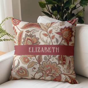 Victorian Floral Chintz Monogram Name Beige Rust Throw Pillow