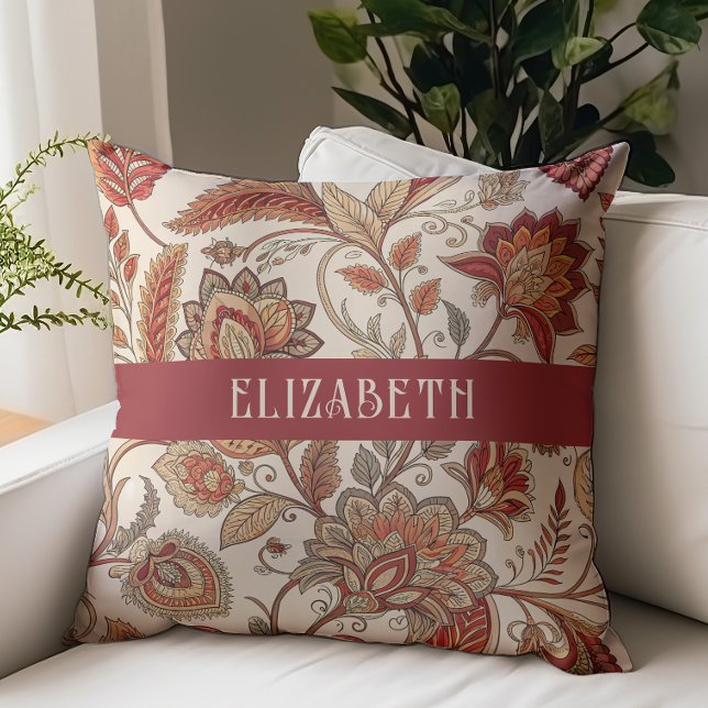 Victorian Floral Chintz Monogram Name Beige Rust Throw Pillow (Creator Uploaded)