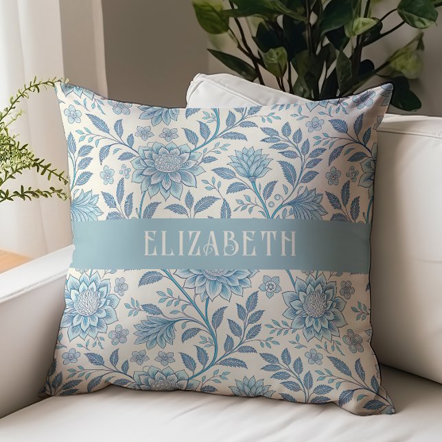 Victorian Floral Chintz Monogram Name Blue Throw Pillow (Creator Uploaded)