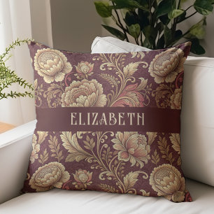 Victorian Floral Chintz Monogram Name Burgundy Throw Pillow