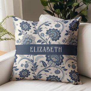 Victorian Floral Chintz Monogram Name Navy Blue Throw Pillow