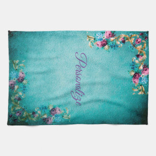 Victorian floral  elegant scroll teal purple pink kitchen towel